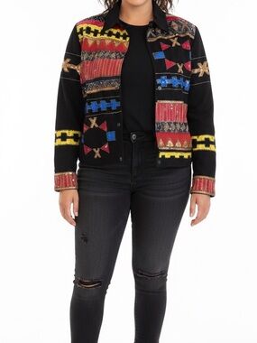 Modi Denim Vintage Sequined Jacket, Size S, Back w/Multi-Color Sequin & Designs.